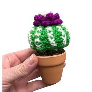 Mini Crochet Ball Cactus with Purple & White Flower - Handmade